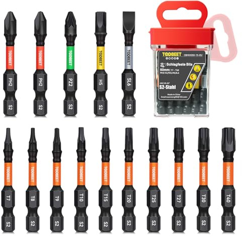 Toobeet Impact Multi Schraubendreher-Bits-Set, Magnetischen S2-Stahl 50mm 15tlg. (Torx/Phillips/Pozidriv/Schlitz/Inbus) Bits-Set für Schlagwerkzeuge inkl. robuster Aufbewah Ungsbox