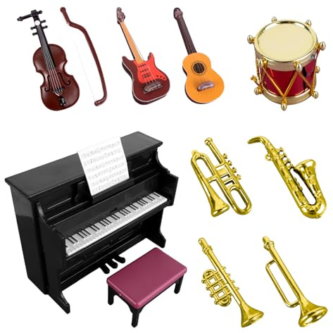 Accessoires pour Maison Lutin Farceur De Noel, 12 Instruments De Musique Miniatures, Mini Piano,Tabouret pour Porte Les Lutin Farceu, Piano, Guitare, Batterie, Trompette pour Elf The Décoration