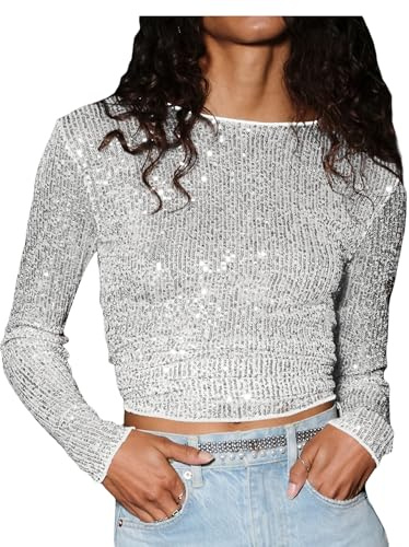 Yoisdtxc Women Slive Sequin Top Long Sleeve Crop Shirt Casual Pullover Sparkly Club Night Out Aesthetic Clothes (A-Silver, L)