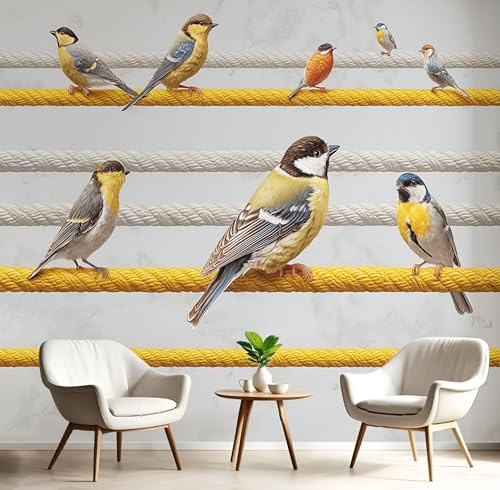 MIATCENRT Ropes Birds Photo Wallpaper, Large Surrealism Design Decoration Murals, Yellow Mural Wall Art Print Poster for Modern Office Study Room Home Decor 300x210cm (WxH)