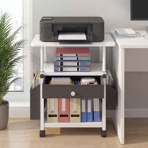 3 Tier Printer Stand with Storage Drawer,Slide-out Shelf & 2 Side Pockets | Rolling Printer Table on Wheels,Height Adjustable Under Desk Printer Shelf for 3D Printer,Fax Scanner,Scanner,Home Office