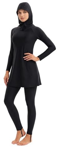 Supcomsta Burkini Swimwear Womens Modest Swimwear for Ladies Muslim Swimming Costume Jumpsuits for Women Long Sleeve Tops + Swimming Pants + Hijab Suit (UK, Alpha, XXL, Regular, Regular, Black)