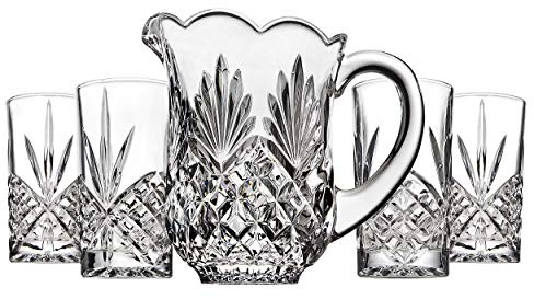 Godinger Pitcher and Glasses Drink Bar Set - Includes Pitcher Carafe and 4 Old Fashioned Glasses, Dublin Collection