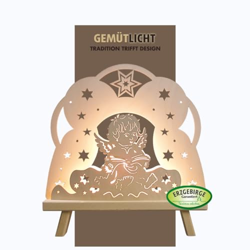 weigla - Dekoleuchte original Erzgebirge I Motiv Engel I 1 Lampe I 7 W, E14 I Weihnachtsdeko innen I Weihnachtsbeleuchtung aus Holz I Fensterdeko