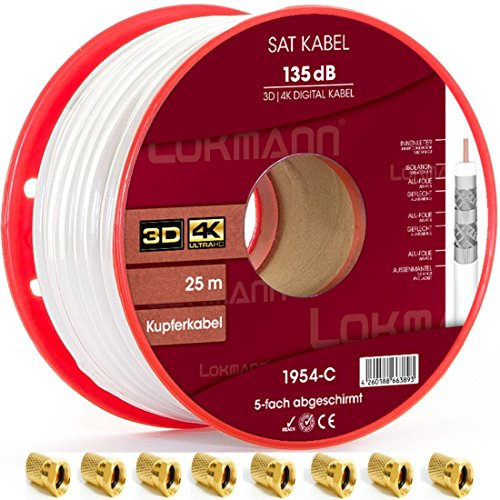 LOKMANN 25m Reines-Kupfer 135dB 5-Fach geschirmt Koaxialkabel Koax Sat Kabel Antennenkabel TV Satellitenkabel Full HD, UHD, 4K, 8K + AUFWÄRTS, mit 10x F-Stecker dazu