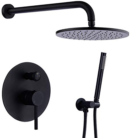 TRUSTMI Mattschwarzes Duschsystem Wandmontage Druckausgleich 25,4 cm Regendusche Set mit Messing grob in Umstellventil und Verkleidungsset