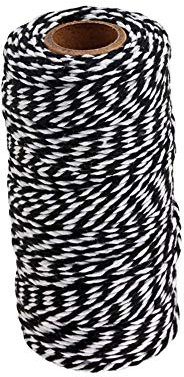 Voarge Ficelle de jardin de 100 m de fil de coton pour emballage cadeau, fil de coton ficelle colorée pour décoration cadeau de Noël cuisine bricolage (noir et blanc)