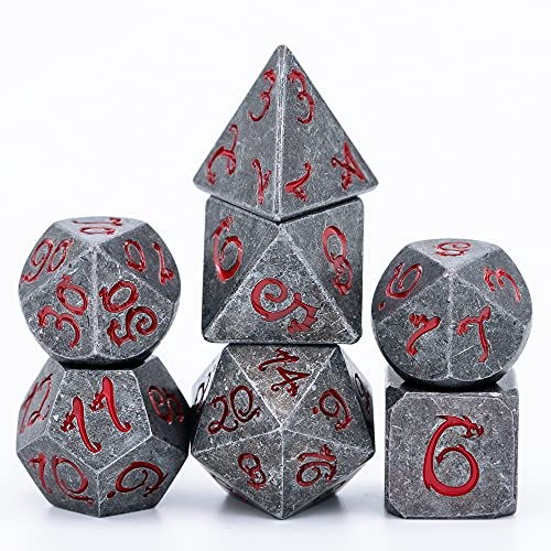 World of Dice Metallwürfel Steinoptik - Pen and Paper Würfel Set, 7 teilig, ideal für Dungeons and Dragons (DND), Das Schwarze Auge (DSA), Shadowrun, Cthulhu und andere RPG