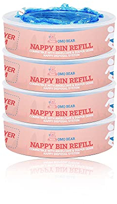 Nappy Bin Refill Cassettes, Compatible with Angelcare Nappy Disposal System - Pack of 4 Cartridges - Advanced Lock smell Tec Liner Bags - OMO BEAR