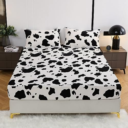 Damier Winter Spannbettlaken 200x200cm Schwarz Weiß Kuhmuster Flauschig Warm Samt Bettlaken Cashmere Touch Plüsch Spannbetttuch Geeignet für 30cm Matratze