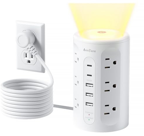 AnnTane Power Strip Tower with Night Light, 15W Surge Protector Power Strip with USB Ports, 10 FT Extension Cord with Multiple Outlets (12AC+3A+2C) for Home Office Desk DormRoom (White)