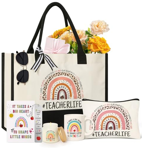 Teacher Christmas Gifts, Teacher Appreciation Gifts for Women, Canvas Tote Bag Makeup Bag with Coffee Cups Thank You Gift Basket for Teacher