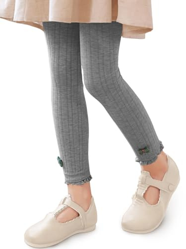 GroYolan Girls Ribbed Footless Leggings Knit Tights Trousers with Lace Cuff Bow, Elastic Waist, Ages 3-12 Grey