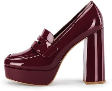 Womens Platform Heels Loafers Chunky High Heel Closed Toe Patent Leather Shoes Penny Loafer Business Dress Work Pumps, Burgundy, 3 UK