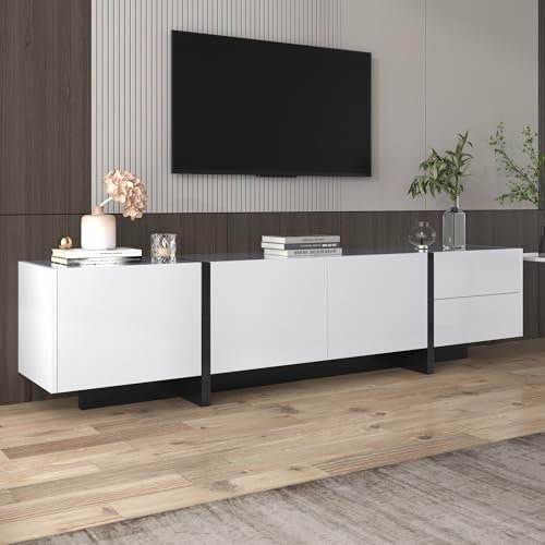 Goeria Mueble de TV con patas bloqueadas de color blanco brillante y negro, con puertas y cajones, puertas con estantes, diseño de líneas simples, color blanco