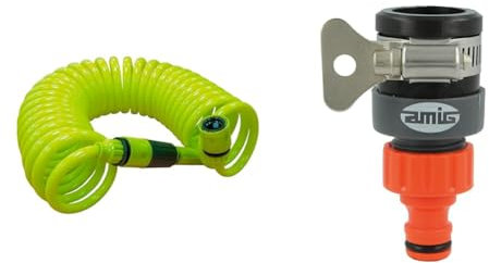 Amig - Manguera en Espiral - Fabricada en Polipropileno - Medida Extensible hasta 7,5 m & Adaptador de Manguera Universal | Con Tornillo de Mariposa de Acero Inoxidable |