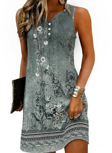ROFUSSO Vestidos de Verano para Mujer Boho Beach Dress Vestido Casual Sin Mangas Elegante Vestido Bohemio de Tirantes Cuello en V Flor Mini Vestido S-2XL