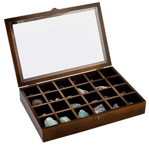BENECREAT 24 Grid Brown Jewelry Tray Box, Wood Adjustable Display Case Rectangle Organizer Holder with Lid for Seashell, Collectibles, Rock, Festivals Gift Women