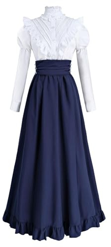 LTAKK Victorian Dress for Women 2-Piece Vintage Blouse with Maxiskirt Ball | Vintage blouse & long skirt set,frilled stand collar shirt,high waist maxiskirt,provide 4 colors,ideal for historical style