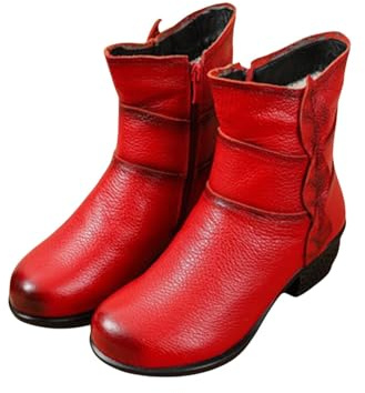 Botas de invierno para mujer, forradas de piel, botines con tacón de bloque, botas cortas de piel, botas de invierno de punta redonda, botas de piel sintética, botas de caña corta, rojo, 36
