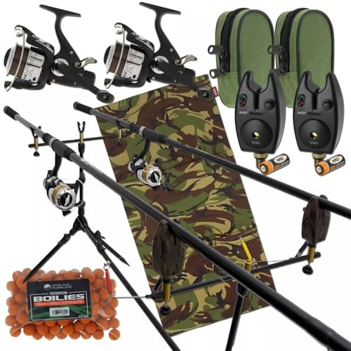 Starter Carp Fishing Setup 2x 12ft 3pc Rods, 2bb Reels Spooled With Line, Rod Pod with Indicators, Bite Alarms, Unhooking Mat & Boilies, Ideal for beginners getting into Angling