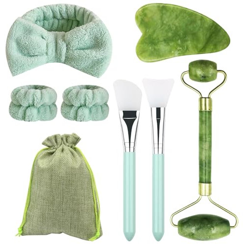HTTDSLF Jade Roller and Gua Sha Massage Tool Set for Face, Neck and Body - Natural Stone Facial Skincare and Muscle Relaxing