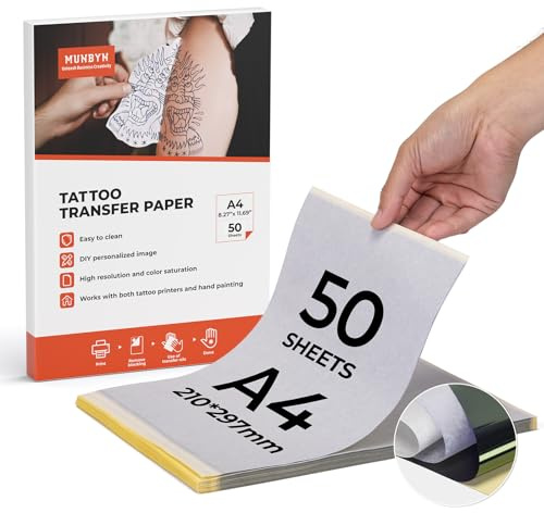 MUNBYN Papel de Transferencia de Tatuaje, Tattoo Transfer Paper 50 Hojas, A4 Papel Hectografico Tattoo con Impresoras térmicas para imprimir Tatuajes y diseños DIY