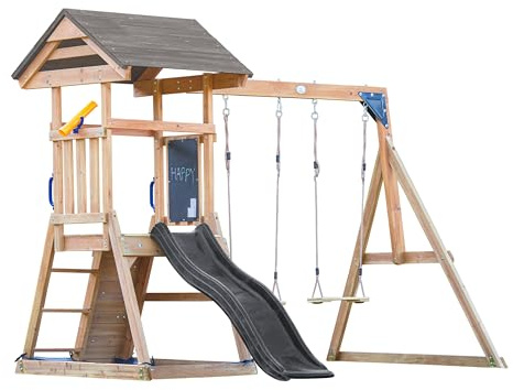 AXI MIA Parque Infantil de Madera en Marron | Torre de Juegos con arenero, Pared de Escalada, Columpio Doble y tobogan Rojo | Casita de Juegos sobre pilotes para el Jardin.