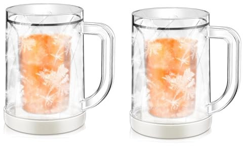 Xzyden 2 vasos de enfriamiento rápido de doble capa para bebidas heladas, tazas de hielo de cerveza congelador, tazas de cerveza para congelador, tazas de cerveza de plástico transparente con asa