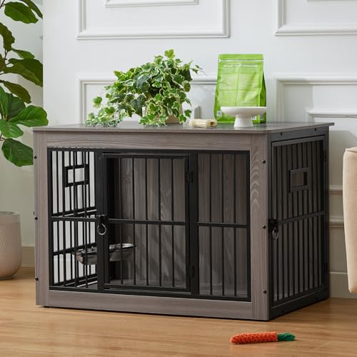 Gardner Pet 99cm Jaula para Perros, Jaula Perro Grande Mueble, con 3 Aberturas Superiores para Alimentación en Jaula para Perros de Madera, 3 Puertas, 99x65x69cm, Gris