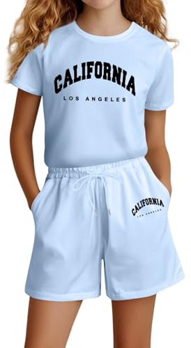 Generisch Vêtements de sport pour filles - Ensemble t-shirt et short - 2 pièces - Confortable et respirant - Survêtement d'été - Survêtement de jogging - Ensemble de sport pour enfants de 4 à 14 ans