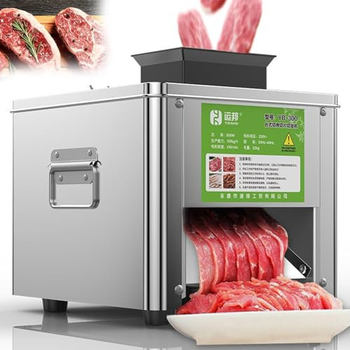 Máquina Eléctrica para Cortar Carne 850W Actualizada - Cortadora Comercial Acero Inox , Entrada Grande, 150kg/h para Cordero/Res/Pollo, Produce Rodajas/Tiras, Espesor No Ajustable ,Diseño Higiénico