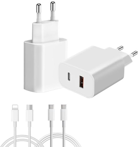 OWYELO Set 2xCaricabatterie 20W USB-C/A + 2xCavi Veloci da 2m(C-C e C-Lightning), Ricarica Rapida PD per iPhone 16/15/14, Galaxy, Doppia Portata, Bianco