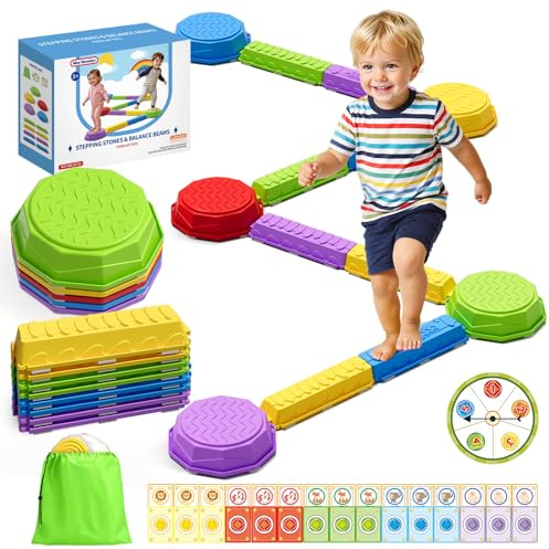 Wee Wonders Balance Beam Stepping Stones for Kids, Non-Slip Sensory Obstacle Course Toys for Toddlers, Stackable Balance Stones with Game Spinner & 30 Card, Indoor Outdoor Gifts for Boys Girls 3-5