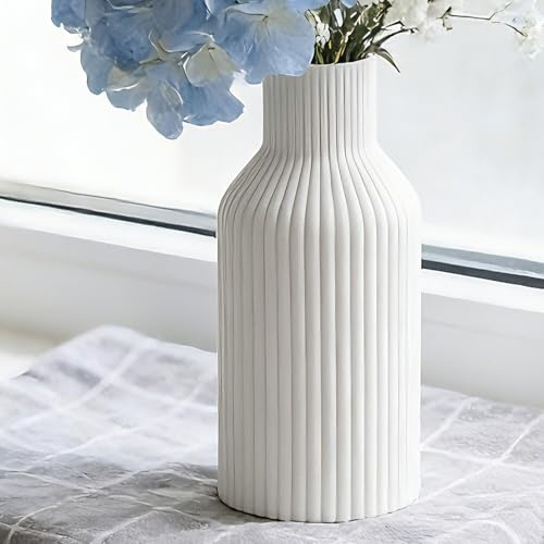 Vaso in Ceramica 20 cm, per Casa, Soggiorno, Camera da Letto, per Fiori Freschi e Secchi, Vaso Decorativo per Erba delle Pampas, Stile Boho Moderno con Scanalature