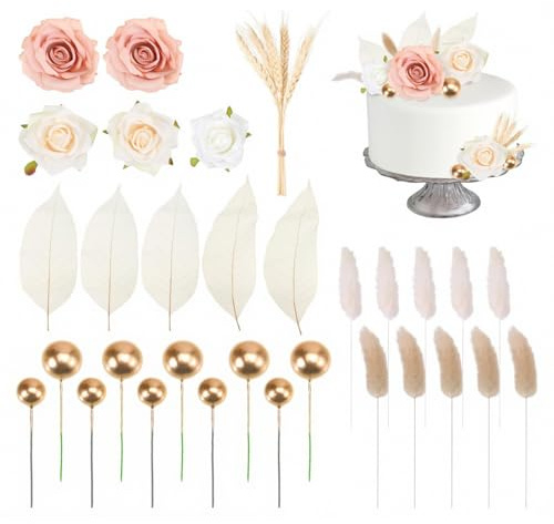 KAHZOR 35 Pezzi Decorazioni Boho per Torta, Cake Topper, Fiori Artificiali, Foglie di Magnolia, Orzo, Bouquet di Fiori Secchi, Palline Dorate, Ragazza Donna, Torta Finta, Già Pronta