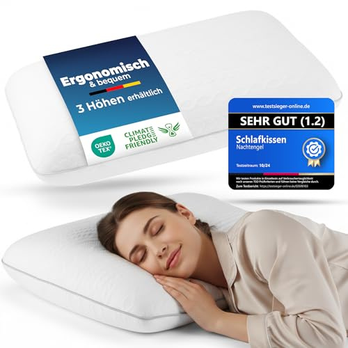 Nachtengel Ergonomisches Kopfkissen 40x60 aus Memory Foam mit Nackenstütze – Orthopädisches Kissen Nackenkissen Rücken-, Bauch- & Seitenschläferkissen Schlafkissen weiß Oeko-TEX 10cm Höhe