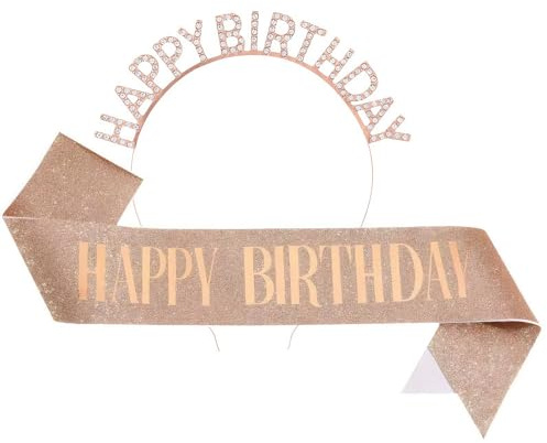 URYVAIW Födelsedagsset flicka, roséguld tiara och skärp, Happy Birthday-krona & Sash, födelsedagsdekoration för födelsedagsflicka, festtillbehör