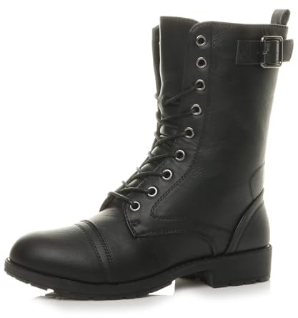 AJVANI Womens ladies mid block heel lace up zip combat military ankle boots size