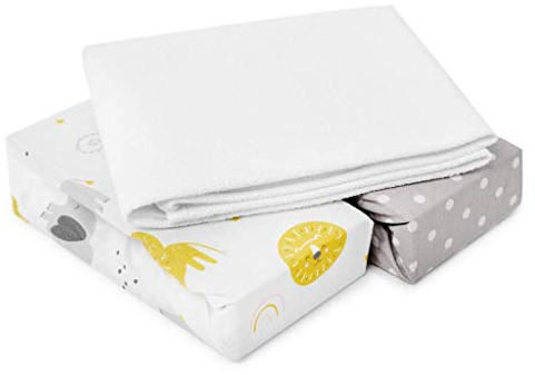 FlyIdeas 3-teiliges Spannbettlaken-Set für Kinderwagen, Stubenwagen & Moseskörbe 75x35 cm – 2 Baumwoll-Spannbettlaken & 1 wasserdichter Matratzenschoner