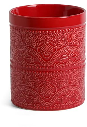 FUN ELEMENTS Kitchen Utensil Holder, 7.2 Super Large Utensil Crock Heavy and Stable Lace Emboss Ceramic Utensil Holder for Kitchen Counter (Christmas Red)