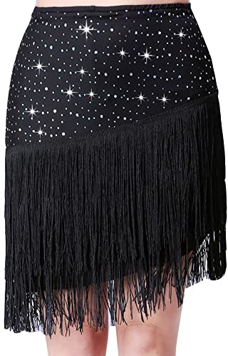 DAIHAN Donna Gonna Mini Paillettes Glitter Spettacolo di Danza del Festival Tango Corto Elastica Gonna da Tennis Skater Midi Asimmetrico Nappa con Frange Nero XL