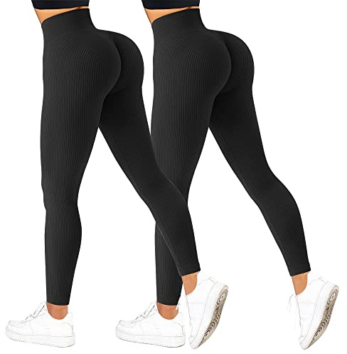 2 pièces de leggings côtelés taille haute pour femmes, sans couture, contrôle du ventre, pantalons de yoga pour le gym, entraînement, course à pied, compression, Noir , S