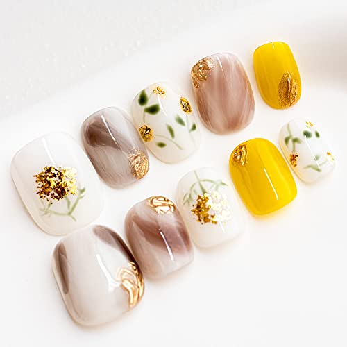Sun&Beam Nails Handmade Press-on Short Squoval Round Yellow Gold Flower Glitter Ombre Design Fashion False Nail Tips 10 Pcs Set (#005 S)