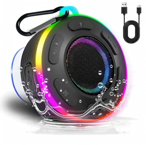 Portable Bluetooth Speaker with vibrant led lights, IPX6 Waterproof, Loud Stereo Sound,Hands-Free Calling/Radio, for Shower, Beach, Outdoors, Over 10 H Playtime, Mini/Small, Suction Cup & Hook