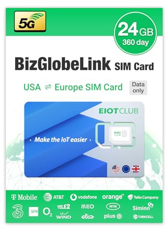 EIOTCLUB Scheda SIM prepagata Carta SIM internazionale 24GB 360 giorni per l'utilizzo in Europa e USA, solo dati, banda larga 5G/4G LTE, ricaricabile