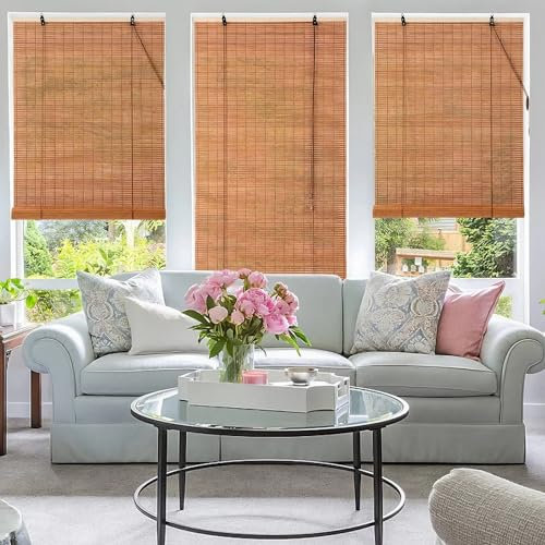 Blackout Bamboo Roller Shades for Privacy Protection 40-160 Cm Wide, Natural Roll Up Curtain Woven Window Shades