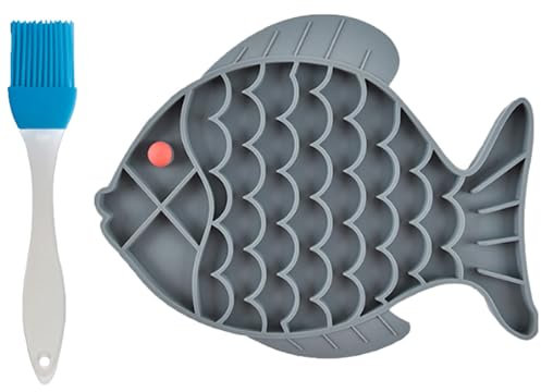 Cat Lick Mat, Slow Feeder Bowl, 1 Fish Plate Gray, 1 Brush - Blue, Non-Slip Fish Design Dry Wet Bowl for Cats and Puppies (Gray)