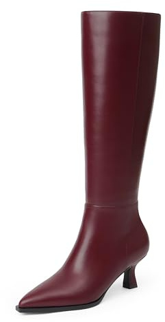 Modatope Botas altas hasta la rodilla, tacón bajo, piel sintética, punta puntiaguda, cremallera lateral, botas largas y altas para mujer, borgoña (Burgundy PU), 38 EU