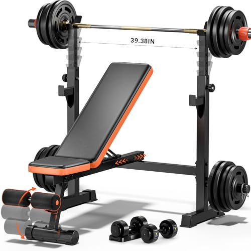 Fostoy 770lbs Weight Bench Set with Squat Rack, Workout Bench Press With Removable Foot Catch, Adjustable Flat Incline Sit Up Bench for Home Gym Full Body Strength Training (5in1 Weight Bench Set)